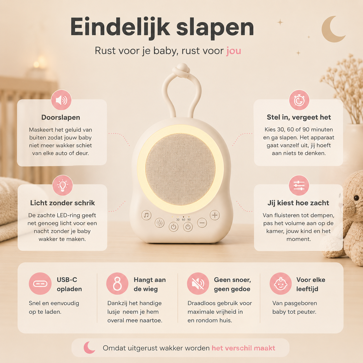 White Noise Baby & Pink Noise Machine Beige - Afbeelding 3